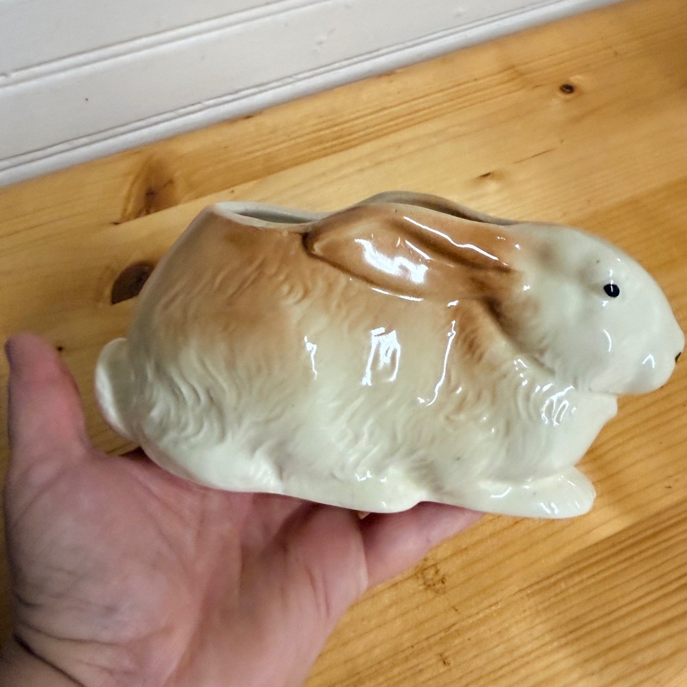 VTG Ceramic Rabbit Planter Brown Cream Glossy Bunny Figural Succulent Pot FAPCO